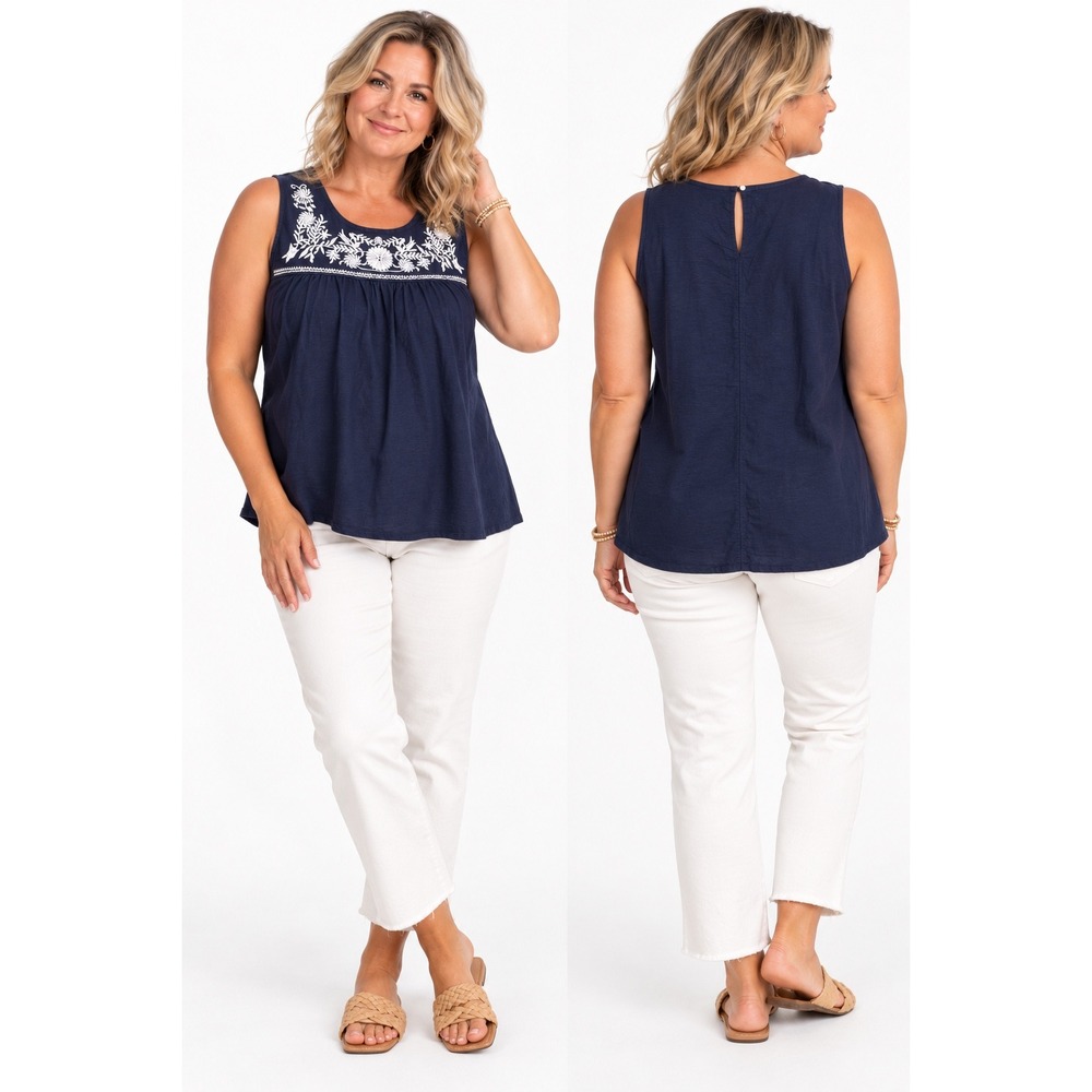 J.Crew Embroidered Linen Cotton Tank Top 16 Navy Blue Boho Sleeveless Shell
